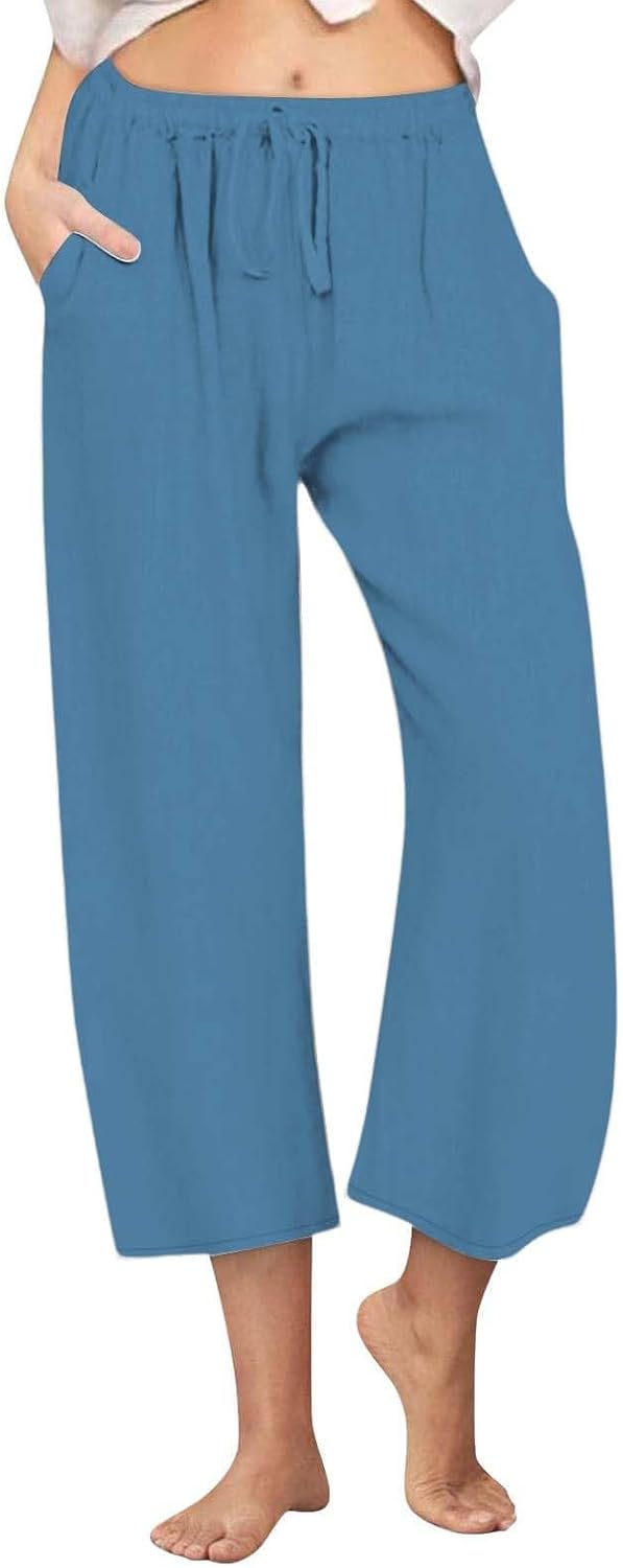 Capri Pants for Women Cotton a Summer Casual Linen Pants Drawstring Elastic Waist Cropped Wide Leg Comfy Capris