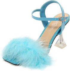JOEupin Women's Square Toe Feather High Heeled Dress Sandals Fluffy Fuzzy Clear Heels Wedding Bridal Party Shoes