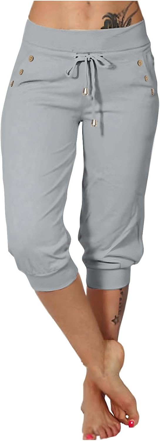 Capri Pants for Women Stretch Darwstring High Waisted Capris for Seniors Casual Cropped Pants with Pockets