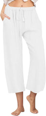 Capri Pants for Women Cotton a Summer Casual Linen Pants Drawstring Elastic Waist Cropped Wide Leg Comfy Capris