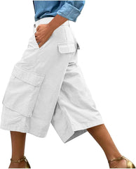 Culottes for Women Regular High Waist Button Trim Cargo Capri Pants with Pockets Casual Dressy Work Chino Pant