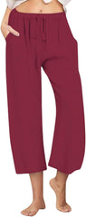 Capri Pants for Women Cotton a Summer Casual Linen Pants Drawstring Elastic Waist Cropped Wide Leg Comfy Capris