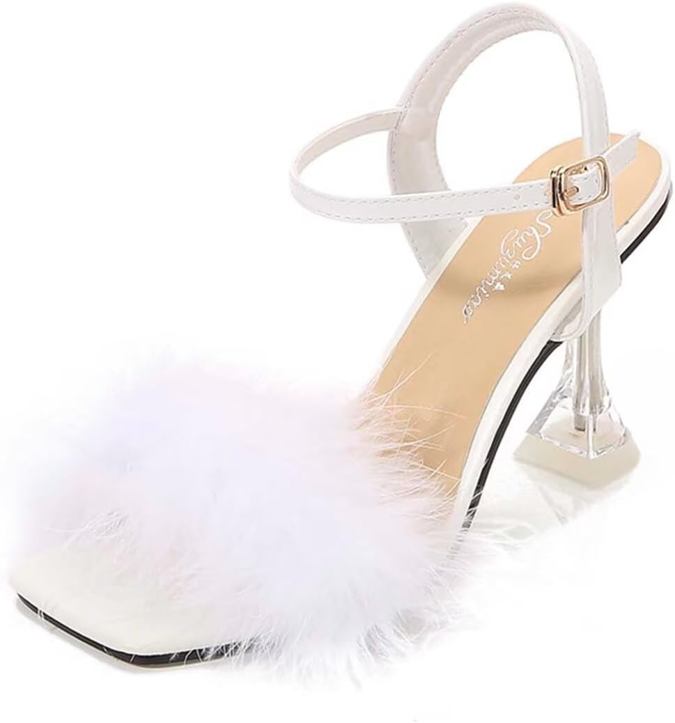JOEupin Women's Square Toe Feather High Heeled Dress Sandals Fluffy Fuzzy Clear Heels Wedding Bridal Party Shoes
