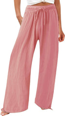 Womens Palazzo Pants Wide Leg High Waist Flowy Pants Casual Summer Linen Pant Beach Loose Boho Trousers with Pockets