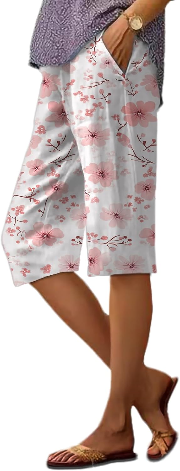 Pants for Women Dressy Casual Knee Length Printed Vintage Summer Trendy Trousers Breathable Lightweigh Shorts