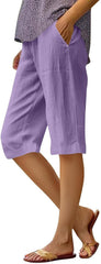 Capri Pants for Women Linen Bermuda Shorts Knee Length 2025 Summer Cropped Casual Palazzo Lightweight Beach Pant with Pockets