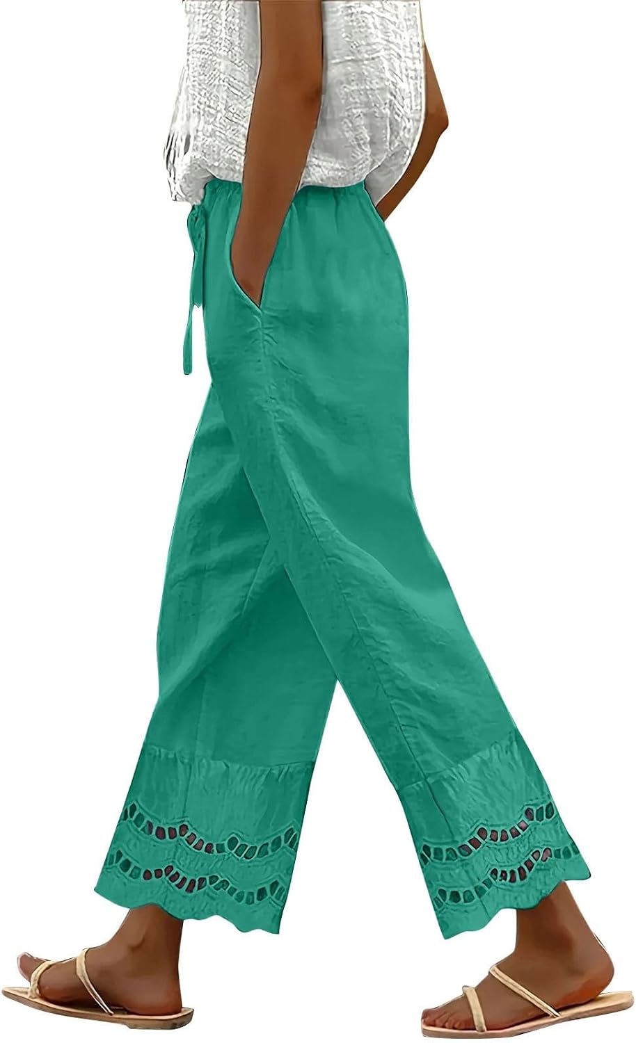 Womens Dress Pants Boho Hollow Out Long Linen Gauze Wide Leg Pants Summer Beach Drawstring Pull on Flowy Slacks