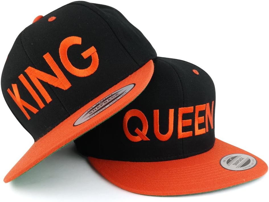 Trendy Apparel Shop King and Queen Two Tone Embroidered Flat Bill Snapback Cap - 2pc Set