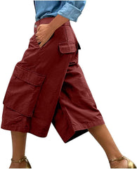 Culottes for Women Regular High Waist Button Trim Cargo Capri Pants with Pockets Casual Dressy Work Chino Pant