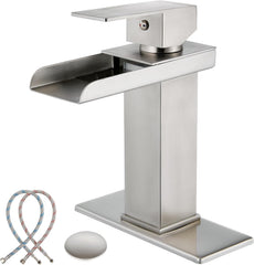 Midanya Waterfall Bathroom Faucet,Single Handle Lavatory Vanity Sink Faucets 1 or 3 Hole Open Spout with Water Hose and Pop Up Drain, Waterfall Spout with LED,Brushed Nickel