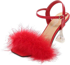 JOEupin Women's Square Toe Feather High Heeled Dress Sandals Fluffy Fuzzy Clear Heels Wedding Bridal Party Shoes