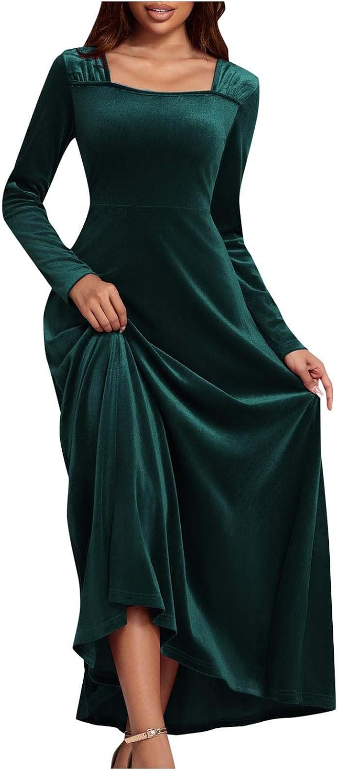 Formal Dresses for Women Velvet Gowns Long Sleeve Evening Party Cocktail Dress Square Neck Elegant Wedding Guest Dress