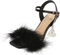 JOEupin Women's Square Toe Feather High Heeled Dress Sandals Fluffy Fuzzy Clear Heels Wedding Bridal Party Shoes