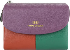 Royal Bagger Color Block RFID Short Wallets Genuine Leather Multi-card Slots Card Holder Trifold Purse Magnetic Opening 2053 (Purple)