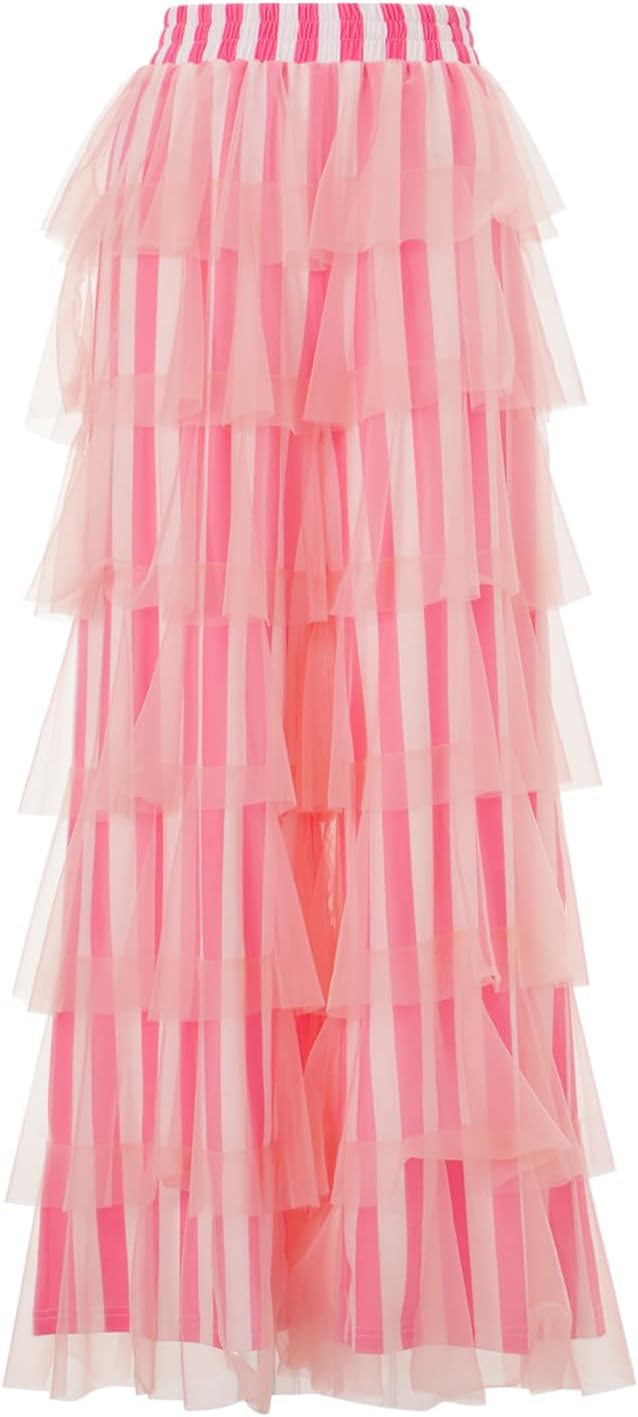 Women's Long Tiered Ruffled Tulle Pants High Waist Stripe Print Layered Mesh Wide Leg Palazzo Pants for Club Party