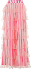 Women's Long Tiered Ruffled Tulle Pants High Waist Stripe Print Layered Mesh Wide Leg Palazzo Pants for Club Party
