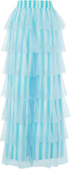 Women's Long Tiered Ruffled Tulle Pants High Waist Stripe Print Layered Mesh Wide Leg Palazzo Pants for Club Party