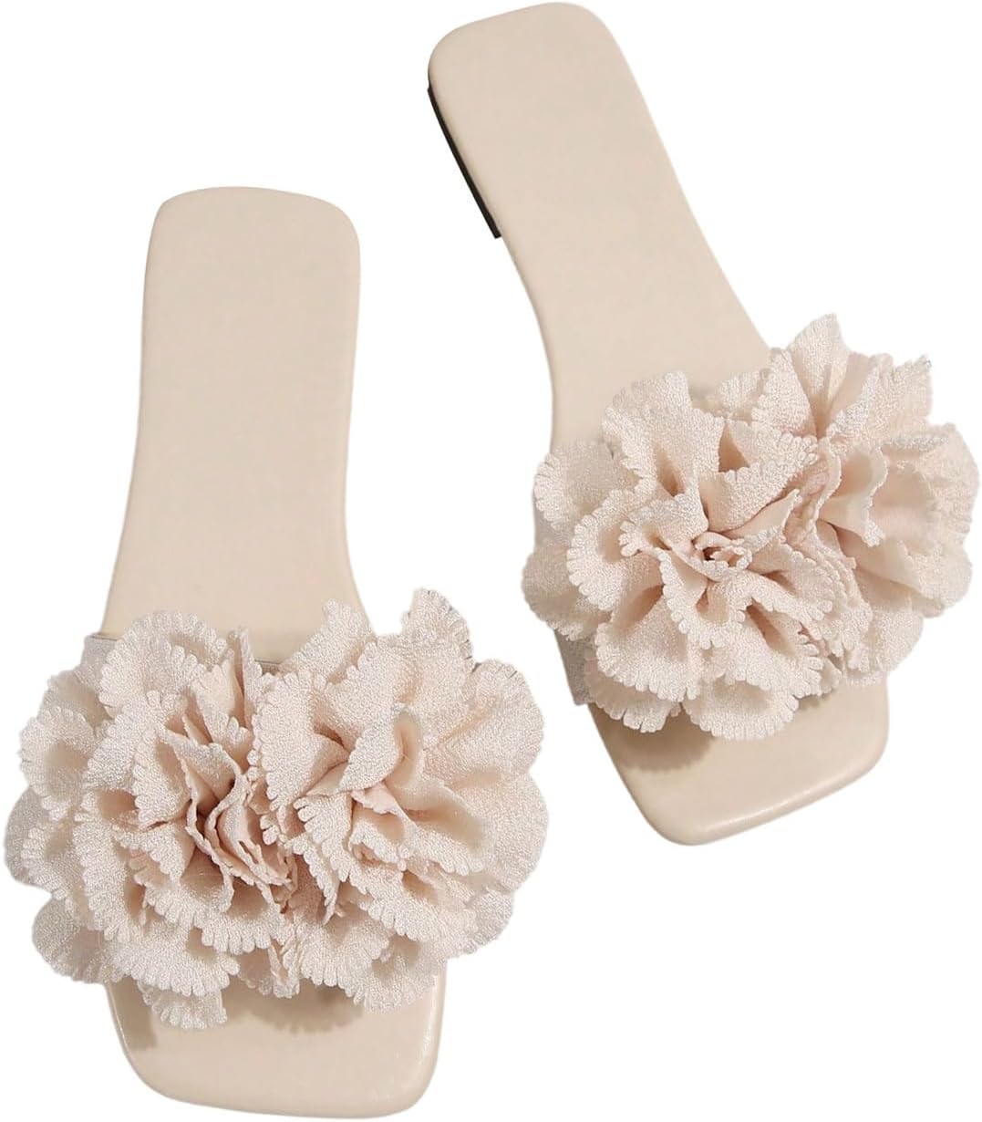 OYOANGLE Women's Floral Appliques Leather Slide Sandals Square Open Toe Dressy Beach Flat Sandal