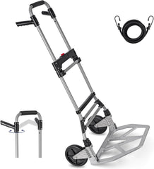 Folding Hand Truck, Heavy Duty Luggage Cart, Utility Dolly Platform Cart with 4 Wheels and 2 Elastic Ropes for Luggage, Travel, Moving, Shopping, Office Use (110LB, Black)
