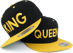 Trendy Apparel Shop King and Queen Two Tone Embroidered Flat Bill Snapback Cap - 2pc Set