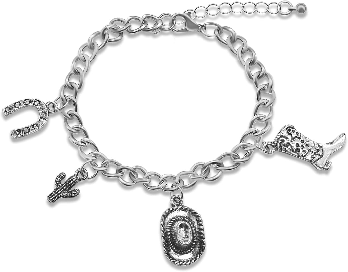 Western Charm Chain Bracelet, Silver, Cowgirl Boot Hat Cactus Horseshoe Charms, Lucky Country Style