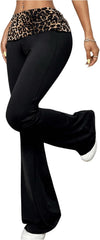 Women's Leopard Print Color Block Flare Pants Elastic High Waisted Bell Bottoms