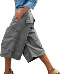 Culottes for Women Regular High Waist Button Trim Cargo Capri Pants with Pockets Casual Dressy Work Chino Pant