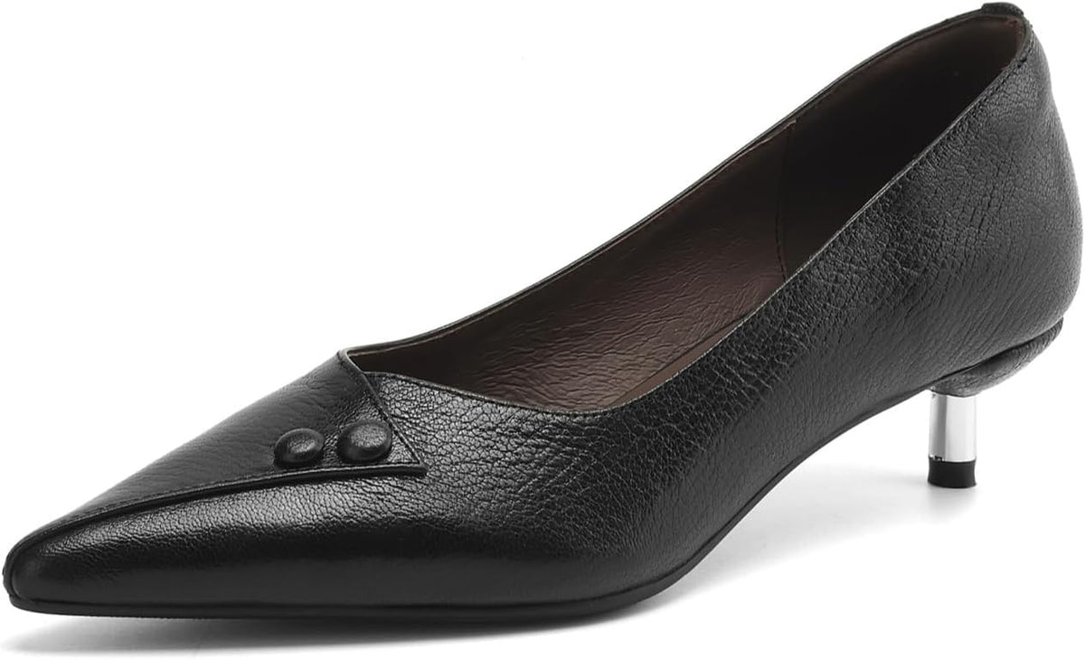 TinaCus Genuine Leather Women's Pointed Toe Handmade Kitten Heels Office Lady Pumps Shoes
