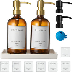 Glass Soap Dispenser for Kitchen, Farmhouse Dish Soap Dispenser&Hand Soap Dispenser Set,Rustproof Pump Lotion Dispenser Bathroom with Tray, Waterproof Label for Kitchen Decor(Clear
