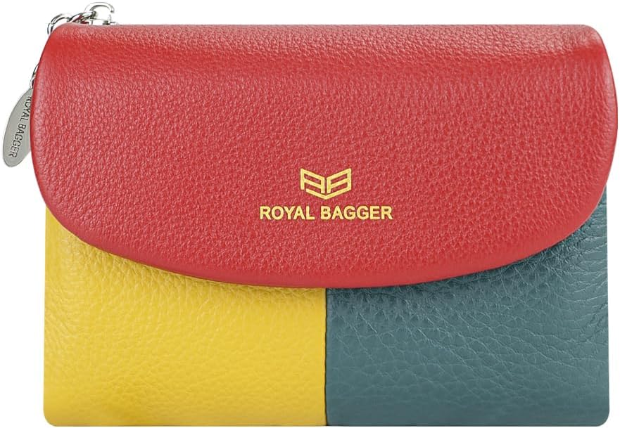 Royal Bagger Color Block RFID Short Wallets Genuine Leather Multi-card Slots Card Holder Trifold Purse Magnetic Opening 2053 (Purple)