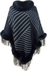 Women Faux Fur Collar Shawl Wraps Fringed Cardigan Cloak Coat Knitted Winter Capes Mock Neck Stripe Fashion Shawl