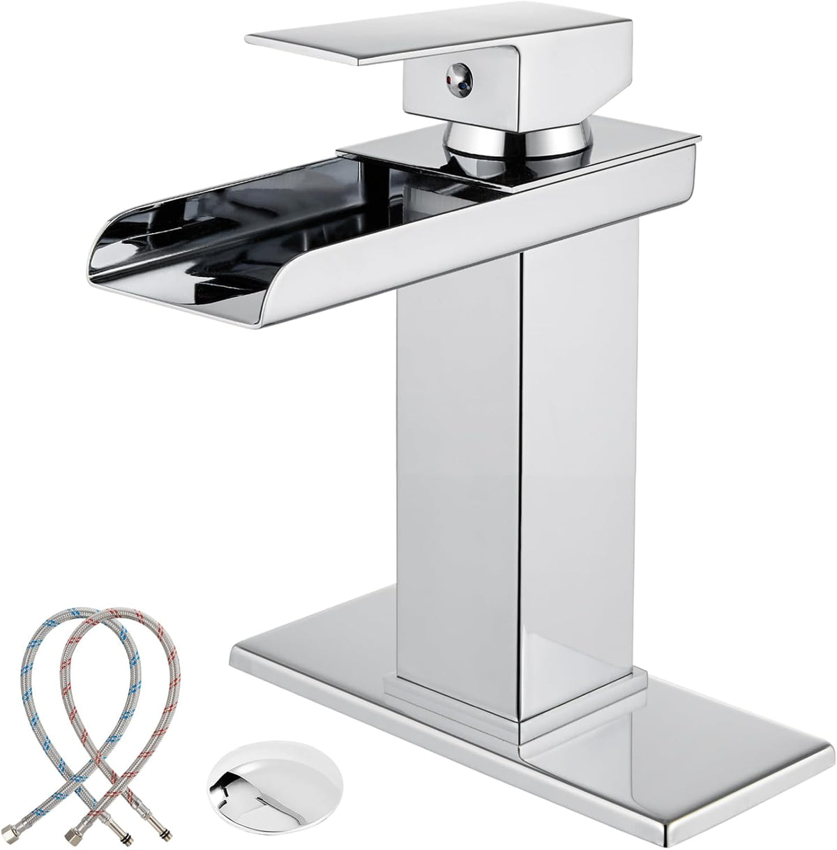 Midanya Waterfall Bathroom Faucet,Single Handle Lavatory Vanity Sink Faucets 1 or 3 Hole Open Spout with Water Hose and Pop Up Drain, Waterfall Spout with LED,Brushed Nickel