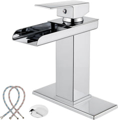 Midanya Waterfall Bathroom Faucet,Single Handle Lavatory Vanity Sink Faucets 1 or 3 Hole Open Spout with Water Hose and Pop Up Drain, Waterfall Spout with LED,Brushed Nickel