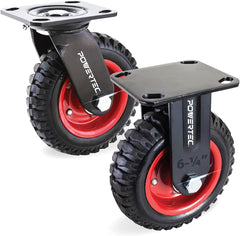 POWERTEC 6 Inch Caster Wheels Set of 2 (1 Swivel & 1 Fixed), Heavy Duty Casters w/Rubber Knobby Tread for Workbench, Dolly, Cart, Trolley, Wagon and Chicken Coop, Large Rubber Castor Wheels (17056)