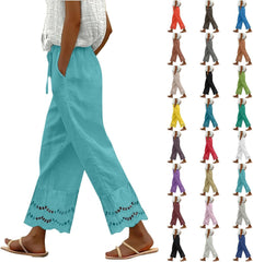 Womens Dress Pants Boho Hollow Out Long Linen Gauze Wide Leg Pants Summer Beach Drawstring Pull on Flowy Slacks