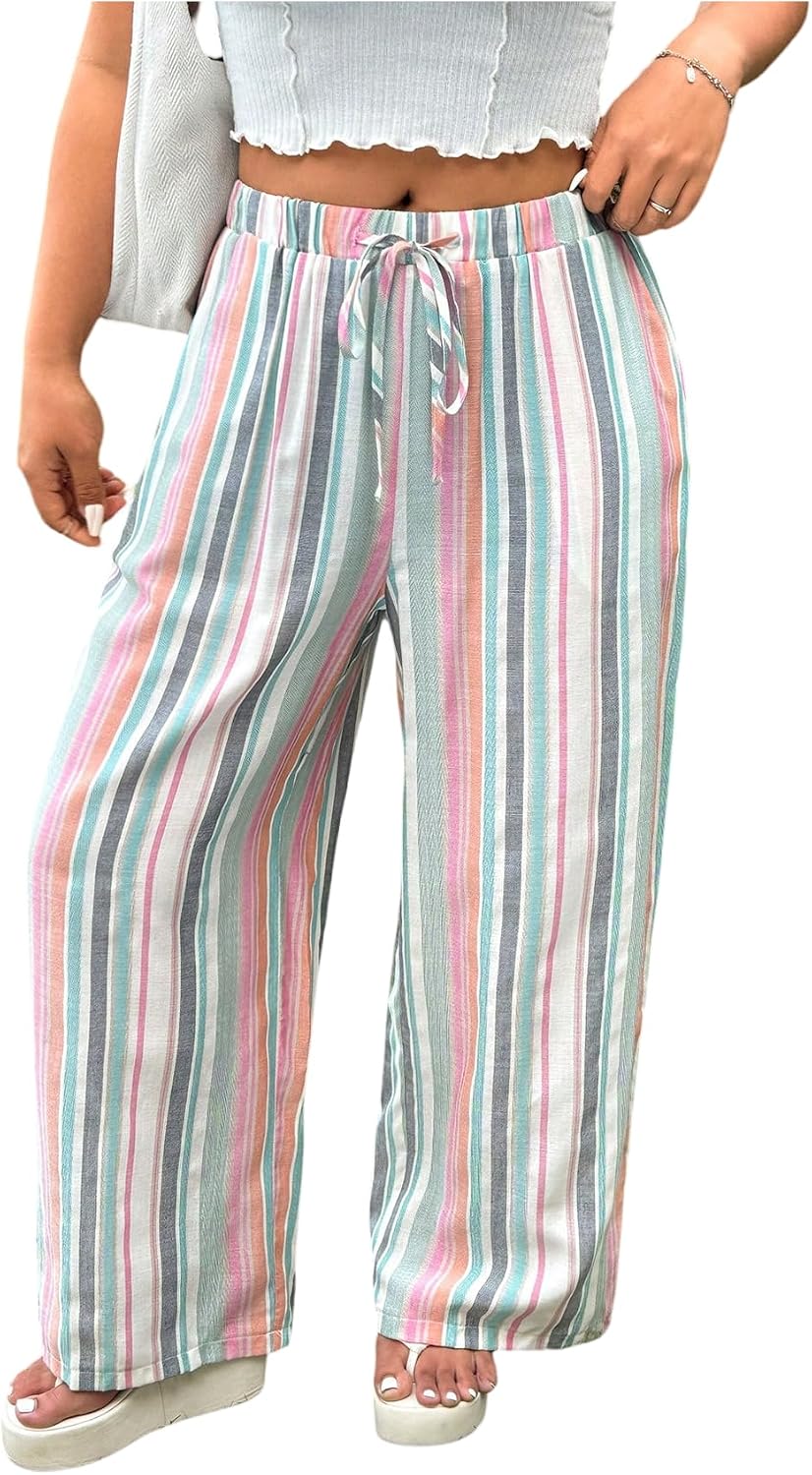 MakeMeChic Women's Plus Size Striped Pants High Waist Drawstrings Wide Leg Trousers