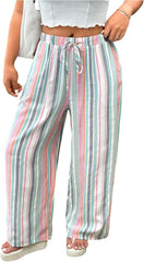 MakeMeChic Women's Plus Size Striped Pants High Waist Drawstrings Wide Leg Trousers
