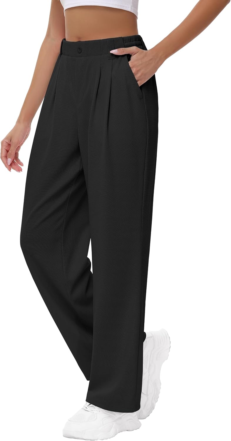 Women's Wide Leg Stretchy Pants - 29'' 31'' Waffle Knit High Waisted Teacher Business Casual Work Pleated Trousers