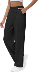 Women's Wide Leg Stretchy Pants - 29'' 31'' Waffle Knit High Waisted Teacher Business Casual Work Pleated Trousers