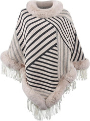 Women Faux Fur Collar Shawl Wraps Fringed Cardigan Cloak Coat Knitted Winter Capes Mock Neck Stripe Fashion Shawl