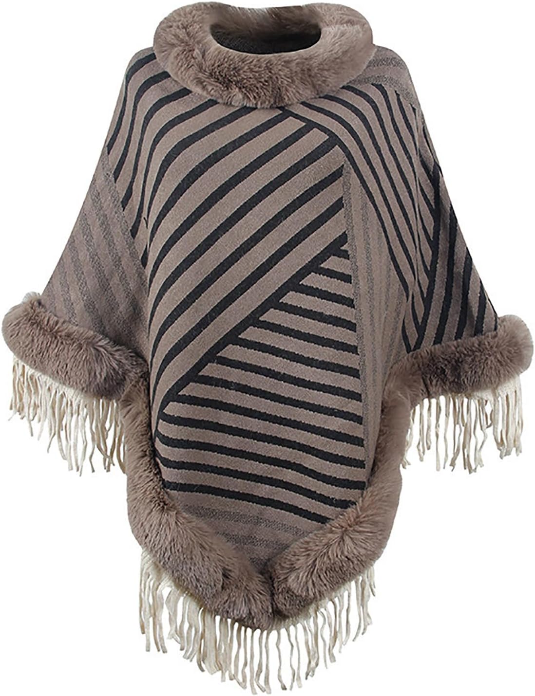 Women Faux Fur Collar Shawl Wraps Fringed Cardigan Cloak Coat Knitted Winter Capes Mock Neck Stripe Fashion Shawl