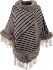Women Faux Fur Collar Shawl Wraps Fringed Cardigan Cloak Coat Knitted Winter Capes Mock Neck Stripe Fashion Shawl