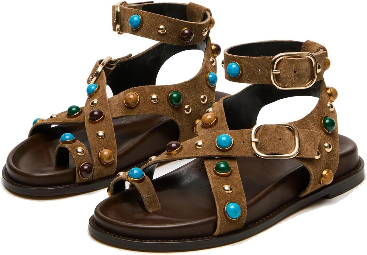 OMLISHZTY Women's Strappy Sandals with Stud Hardware Adjustable Ankle Strap Supportive Footbed Comfortable Casual Wear