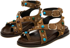 OMLISHZTY Women's Strappy Sandals with Stud Hardware Adjustable Ankle Strap Supportive Footbed Comfortable Casual Wear
