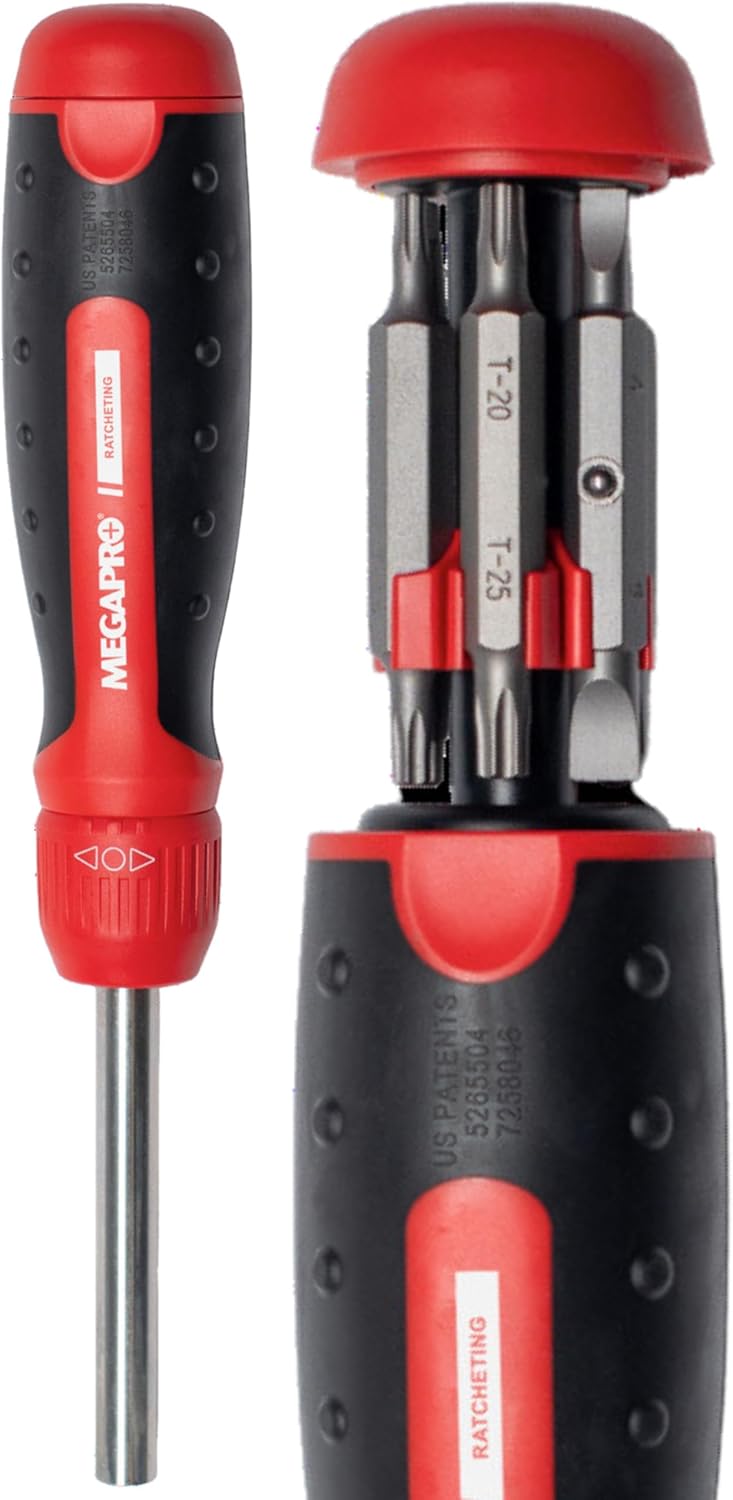 RATCHETING SCREWDRIVER - 13-in-1 Multi Bit Screw Driver w/ " Hex Shaft for Phillips, Star, Flat, Square Bit - Retractable Cartridge - Multi Screwdriver (Yellow)