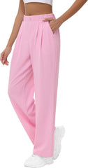 Women's Wide Leg Stretchy Pants - 29'' 31'' Waffle Knit High Waisted Teacher Business Casual Work Pleated Trousers