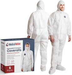 Hazmat Suits Disposable | 5 Pack, Large | Protective Coveralls with Attached Hood and Boots | Heavy Duty Full Body Painters Suit for Adults - Breathable & Water Resistant | Large