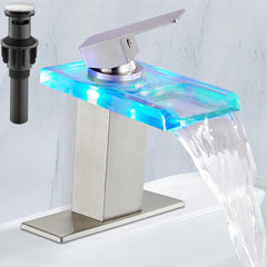 Midanya Waterfall Bathroom Faucet,Single Handle Lavatory Vanity Sink Faucets 1 or 3 Hole Open Spout with Water Hose and Pop Up Drain, Waterfall Spout with LED,Brushed Nickel