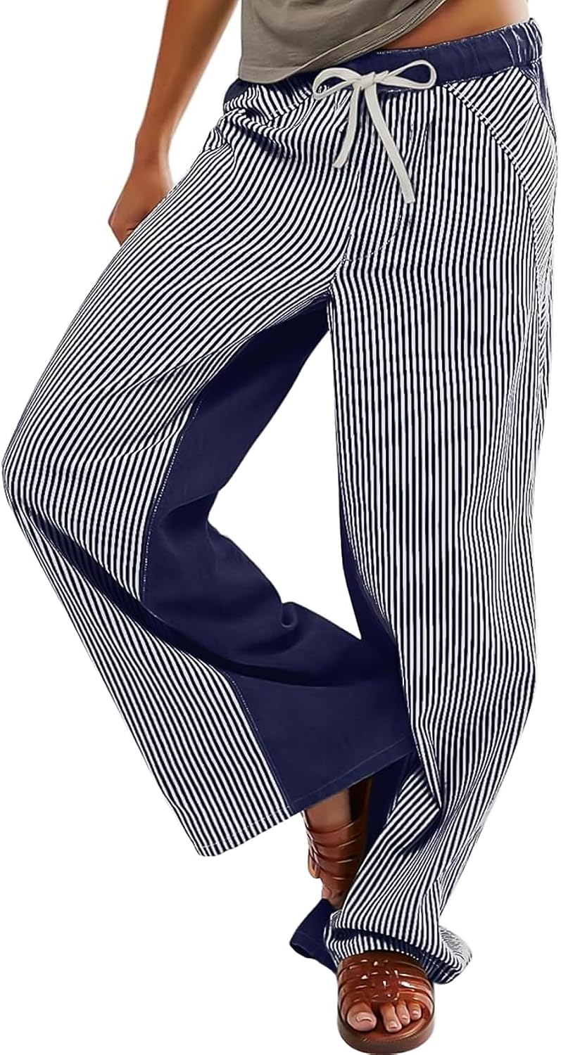 Shiyifa Striped Pants for Women Drawstring Wide Leg Lounge Trousers Casual Low Rise Palazzo Pants Trousers
