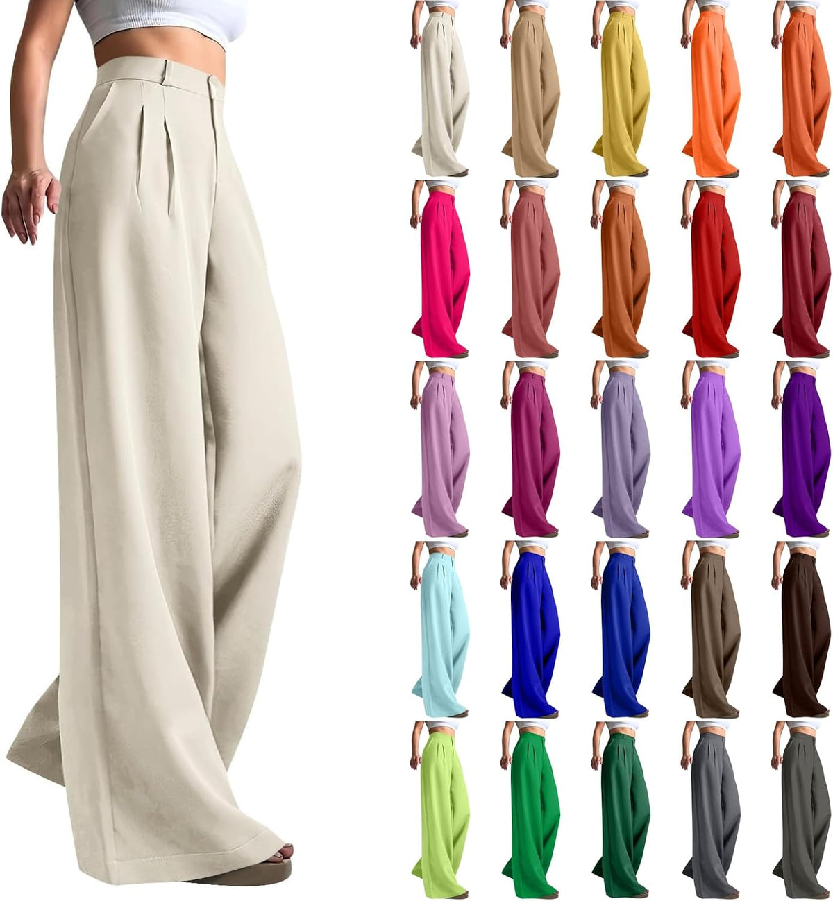 Wide Leg Pants for Women Loose High Waisted Comfy Lightweight Work Pants Business Casual Pleated Trousers with Pockets